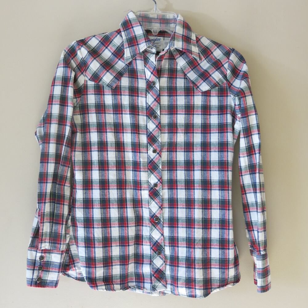 VINTAGE WRANGLER Western Wear Shirt Size 32 Women Plaid Pearl Snap Cowgirl